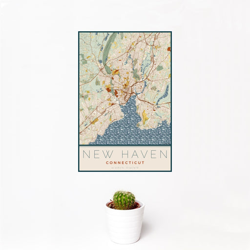 12x18 New Haven Connecticut Map Print Portrait Orientation in Woodblock Style With Small Cactus Plant in White Planter