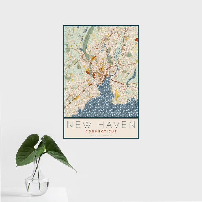 16x24 New Haven Connecticut Map Print Portrait Orientation in Woodblock Style With Tropical Plant Leaves in Water