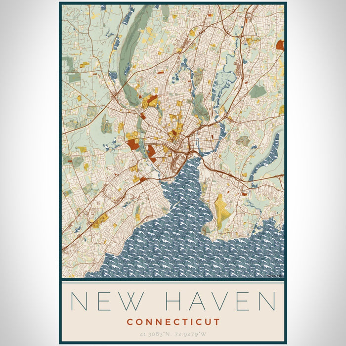 New Haven Connecticut Map Print Portrait Orientation in Woodblock Style With Shaded Background