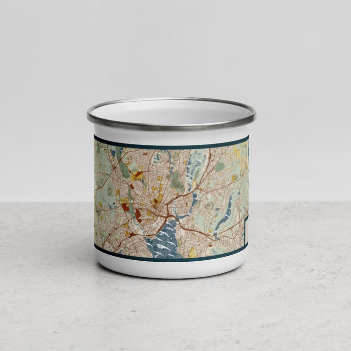 Front View Custom New Haven Connecticut Map Enamel Mug in Woodblock
