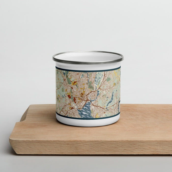 Front View Custom New Haven Connecticut Map Enamel Mug in Woodblock on Cutting Board