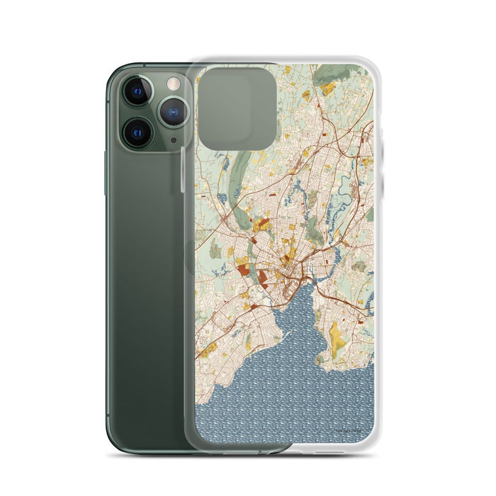 Custom New Haven Connecticut Map Phone Case in Woodblock on Table with Laptop and Plant