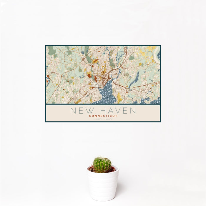 12x18 New Haven Connecticut Map Print Landscape Orientation in Woodblock Style With Small Cactus Plant in White Planter