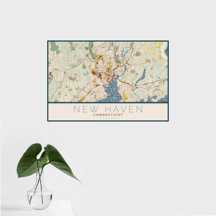 16x24 New Haven Connecticut Map Print Landscape Orientation in Woodblock Style With Tropical Plant Leaves in Water