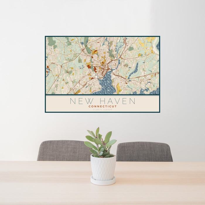 24x36 New Haven Connecticut Map Print Landscape Orientation in Woodblock Style Behind 2 Chairs Table and Potted Plant