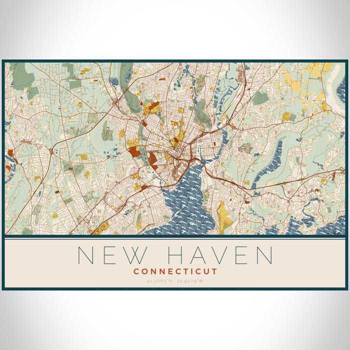 New Haven Connecticut Map Print Landscape Orientation in Woodblock Style With Shaded Background