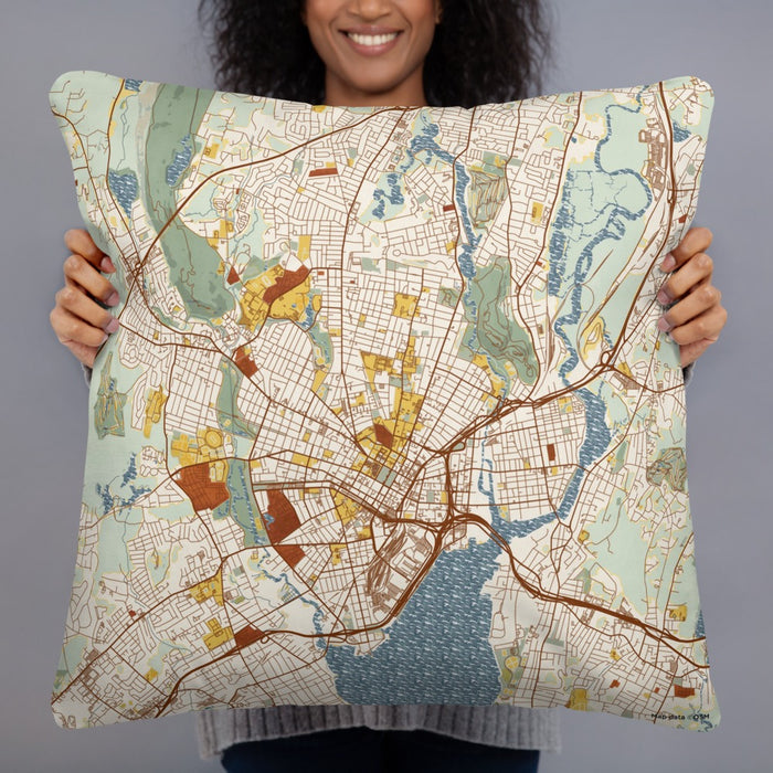 Person holding 22x22 Custom New Haven Connecticut Map Throw Pillow in Woodblock