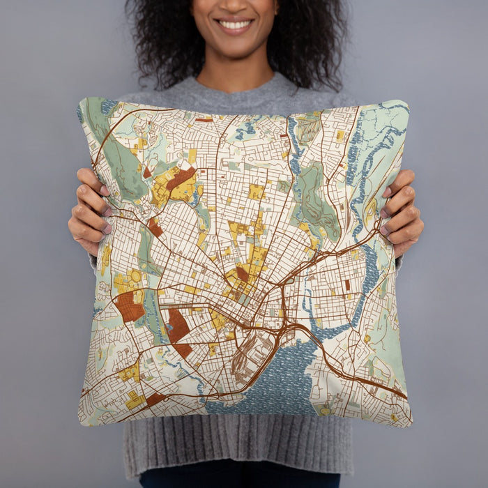 Person holding 18x18 Custom New Haven Connecticut Map Throw Pillow in Woodblock