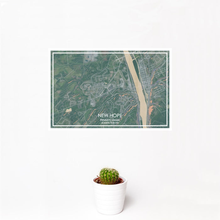 12x18 New Hope Pennsylvania Map Print Landscape Orientation in Afternoon Style With Small Cactus Plant in White Planter