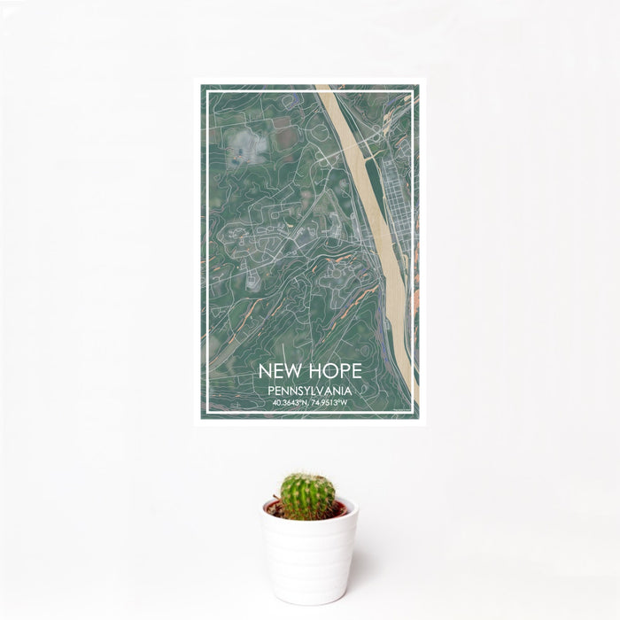 12x18 New Hope Pennsylvania Map Print Portrait Orientation in Afternoon Style With Small Cactus Plant in White Planter