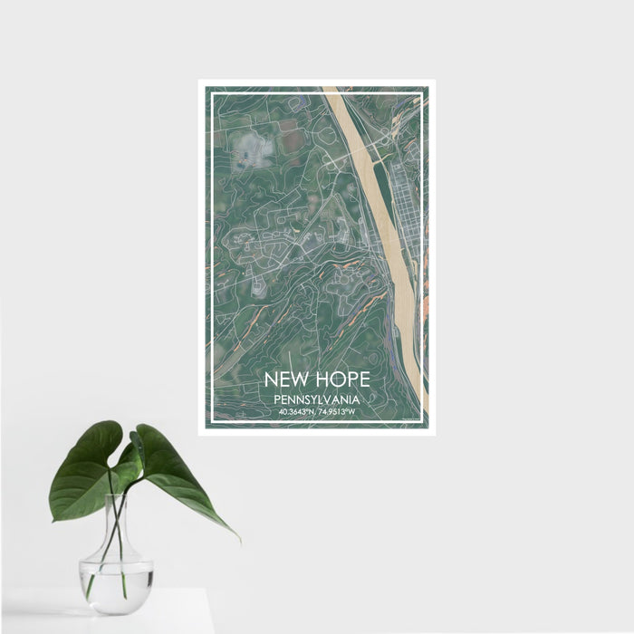16x24 New Hope Pennsylvania Map Print Portrait Orientation in Afternoon Style With Tropical Plant Leaves in Water