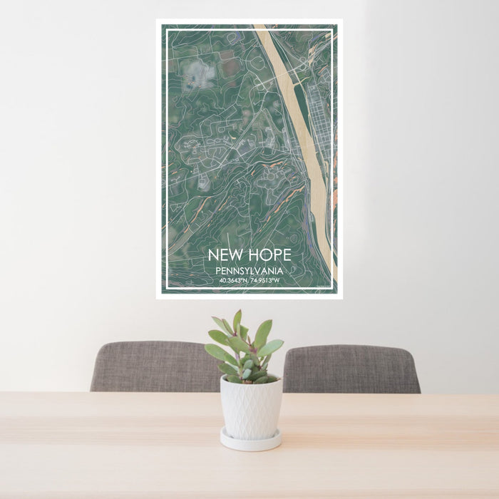24x36 New Hope Pennsylvania Map Print Portrait Orientation in Afternoon Style Behind 2 Chairs Table and Potted Plant