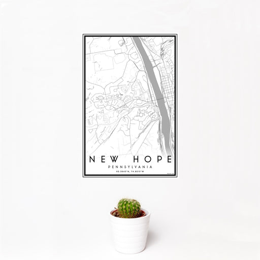 12x18 New Hope Pennsylvania Map Print Portrait Orientation in Classic Style With Small Cactus Plant in White Planter