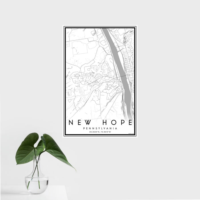 16x24 New Hope Pennsylvania Map Print Portrait Orientation in Classic Style With Tropical Plant Leaves in Water