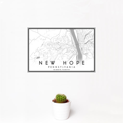 12x18 New Hope Pennsylvania Map Print Landscape Orientation in Classic Style With Small Cactus Plant in White Planter