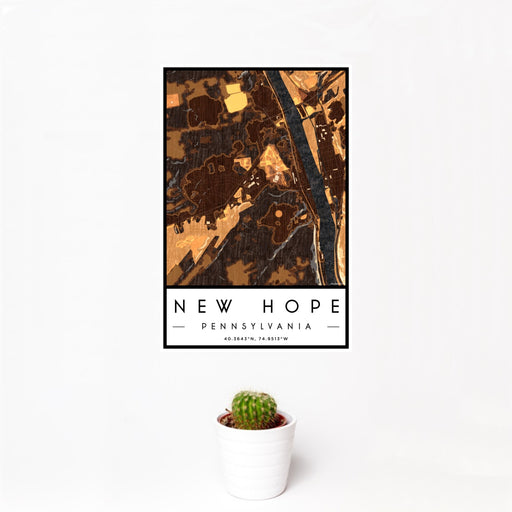 12x18 New Hope Pennsylvania Map Print Portrait Orientation in Ember Style With Small Cactus Plant in White Planter