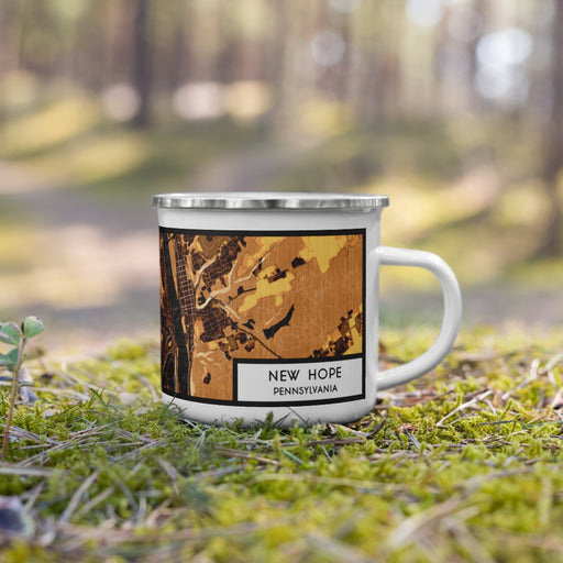Right View Custom New Hope Pennsylvania Map Enamel Mug in Ember on Grass With Trees in Background