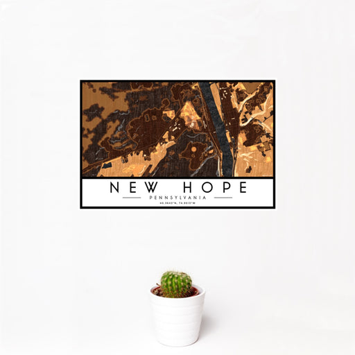 12x18 New Hope Pennsylvania Map Print Landscape Orientation in Ember Style With Small Cactus Plant in White Planter