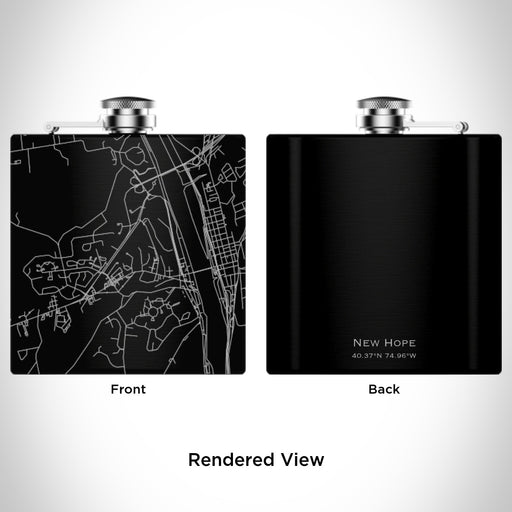 Rendered View of New Hope Pennsylvania Map Engraving on 6oz Stainless Steel Flask in Black