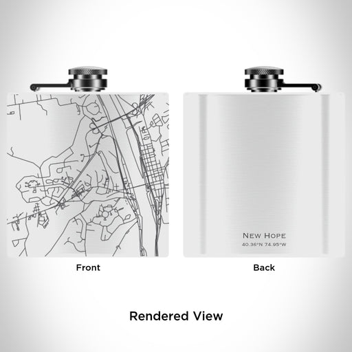 Rendered View of New Hope Pennsylvania Map Engraving on 6oz Stainless Steel Flask in White