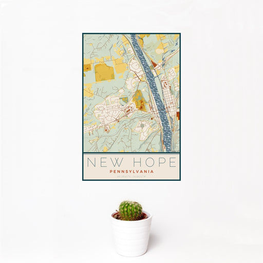 12x18 New Hope Pennsylvania Map Print Portrait Orientation in Woodblock Style With Small Cactus Plant in White Planter