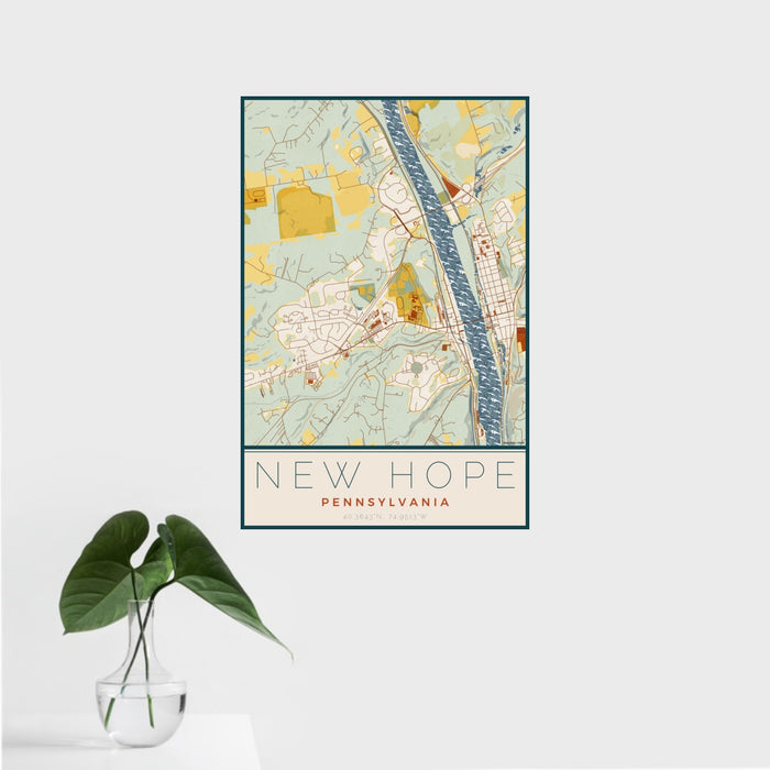 16x24 New Hope Pennsylvania Map Print Portrait Orientation in Woodblock Style With Tropical Plant Leaves in Water