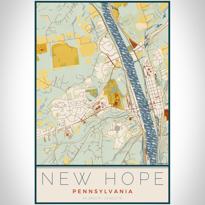 New Hope Pennsylvania Map Print Portrait Orientation in Woodblock Style With Shaded Background