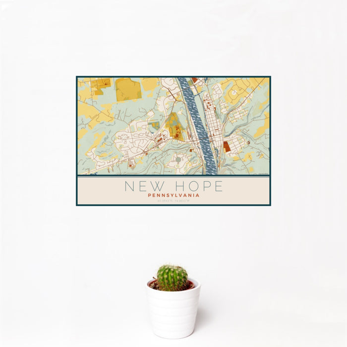 12x18 New Hope Pennsylvania Map Print Landscape Orientation in Woodblock Style With Small Cactus Plant in White Planter