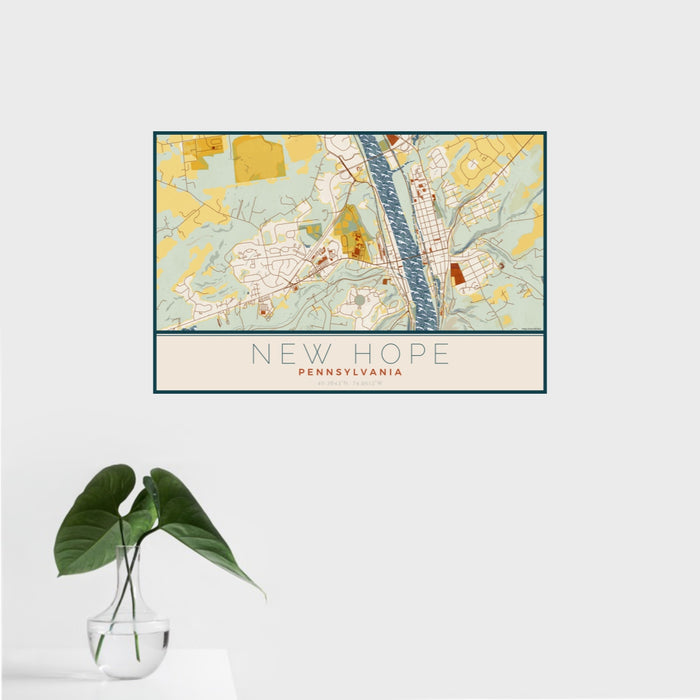 16x24 New Hope Pennsylvania Map Print Landscape Orientation in Woodblock Style With Tropical Plant Leaves in Water