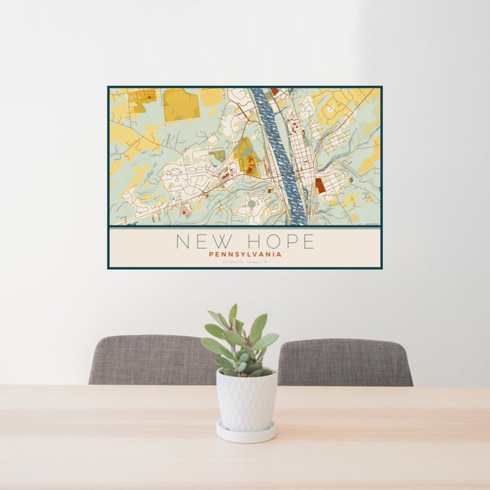 24x36 New Hope Pennsylvania Map Print Landscape Orientation in Woodblock Style Behind 2 Chairs Table and Potted Plant