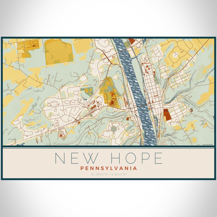 New Hope Pennsylvania Map Print Landscape Orientation in Woodblock Style With Shaded Background