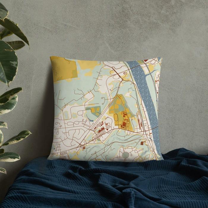 Custom New Hope Pennsylvania Map Throw Pillow in Woodblock on Bedding Against Wall