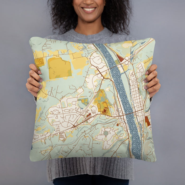 Person holding 18x18 Custom New Hope Pennsylvania Map Throw Pillow in Woodblock