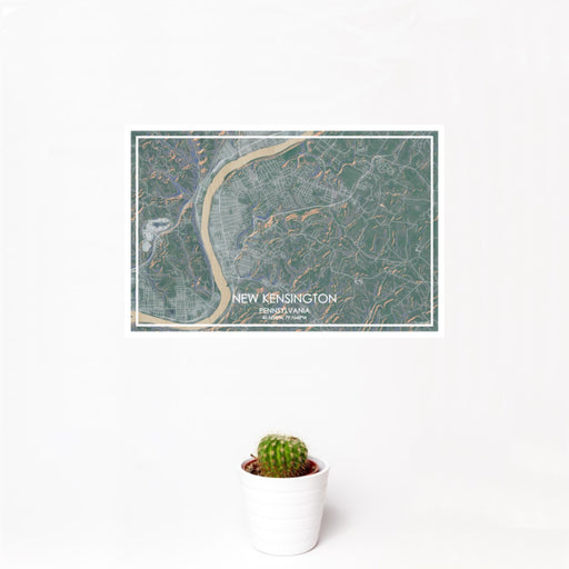 12x18 New Kensington Pennsylvania Map Print Landscape Orientation in Afternoon Style With Small Cactus Plant in White Planter