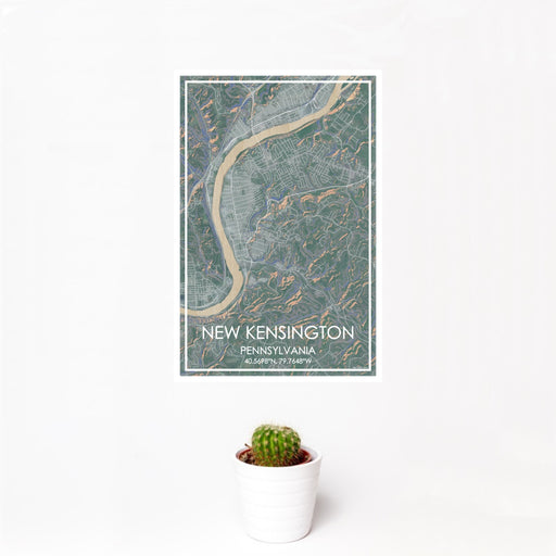 12x18 New Kensington Pennsylvania Map Print Portrait Orientation in Afternoon Style With Small Cactus Plant in White Planter
