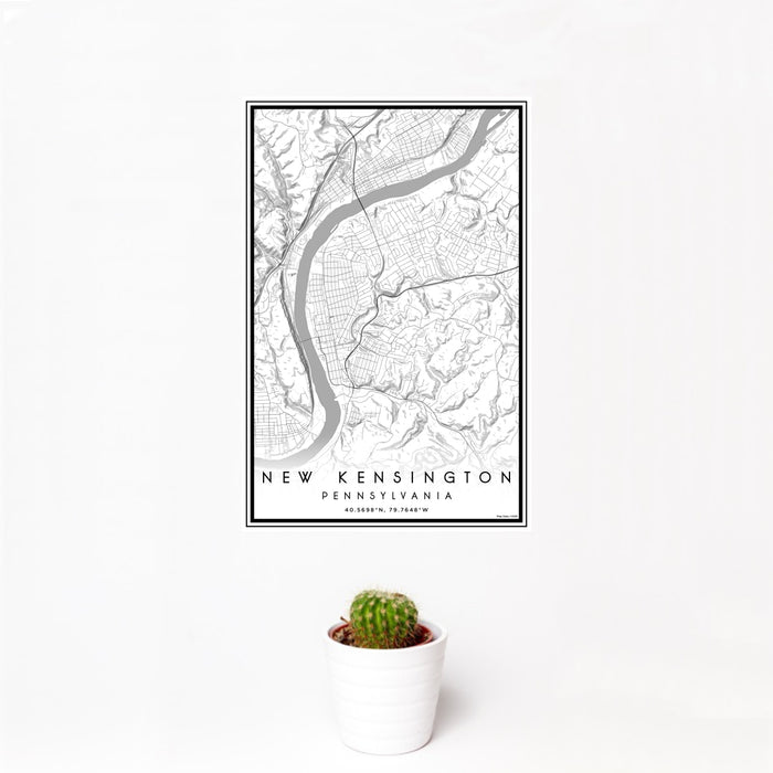 12x18 New Kensington Pennsylvania Map Print Portrait Orientation in Classic Style With Small Cactus Plant in White Planter