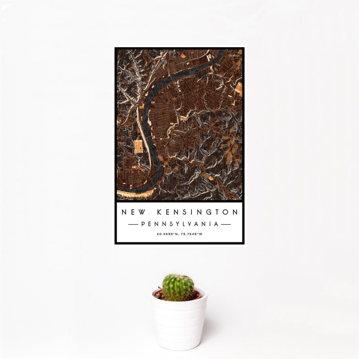 12x18 New Kensington Pennsylvania Map Print Portrait Orientation in Ember Style With Small Cactus Plant in White Planter