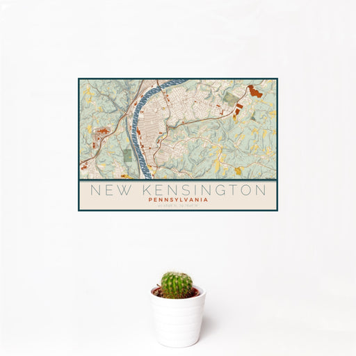 12x18 New Kensington Pennsylvania Map Print Landscape Orientation in Woodblock Style With Small Cactus Plant in White Planter