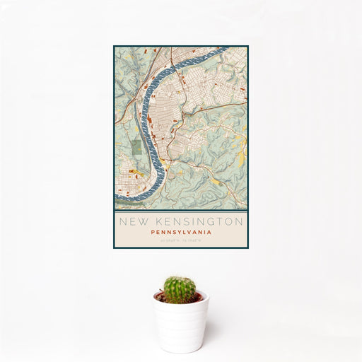 12x18 New Kensington Pennsylvania Map Print Portrait Orientation in Woodblock Style With Small Cactus Plant in White Planter