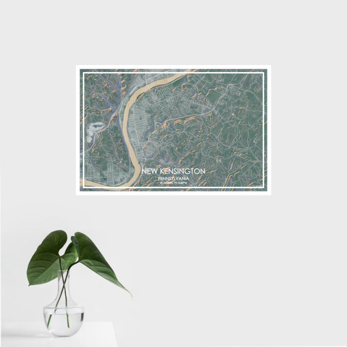 16x24 New Kensington Pennsylvania Map Print Landscape Orientation in Afternoon Style With Tropical Plant Leaves in Water