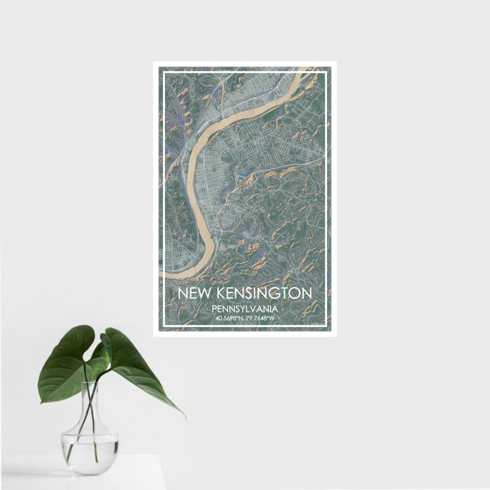 16x24 New Kensington Pennsylvania Map Print Portrait Orientation in Afternoon Style With Tropical Plant Leaves in Water