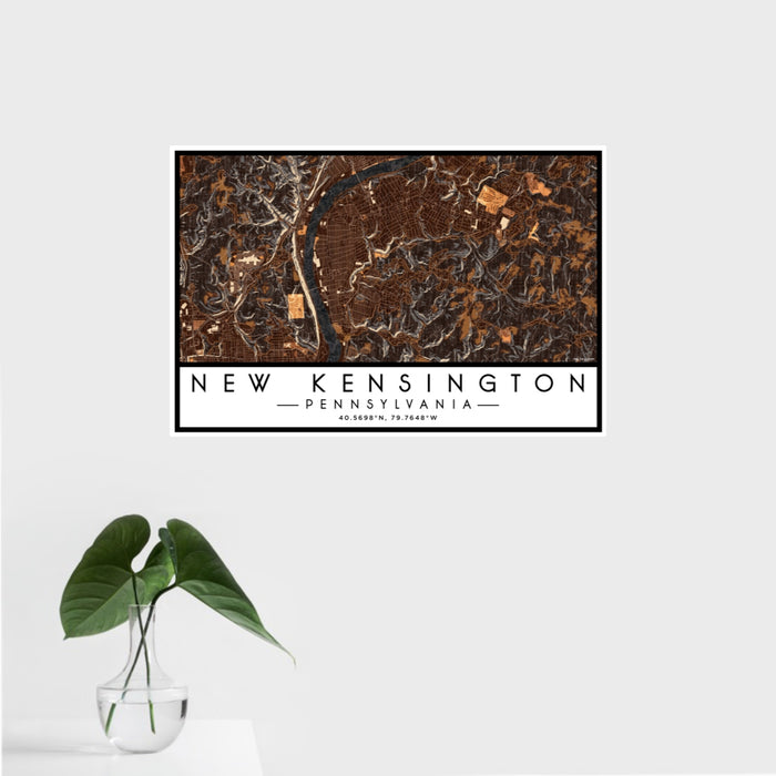 16x24 New Kensington Pennsylvania Map Print Landscape Orientation in Ember Style With Tropical Plant Leaves in Water