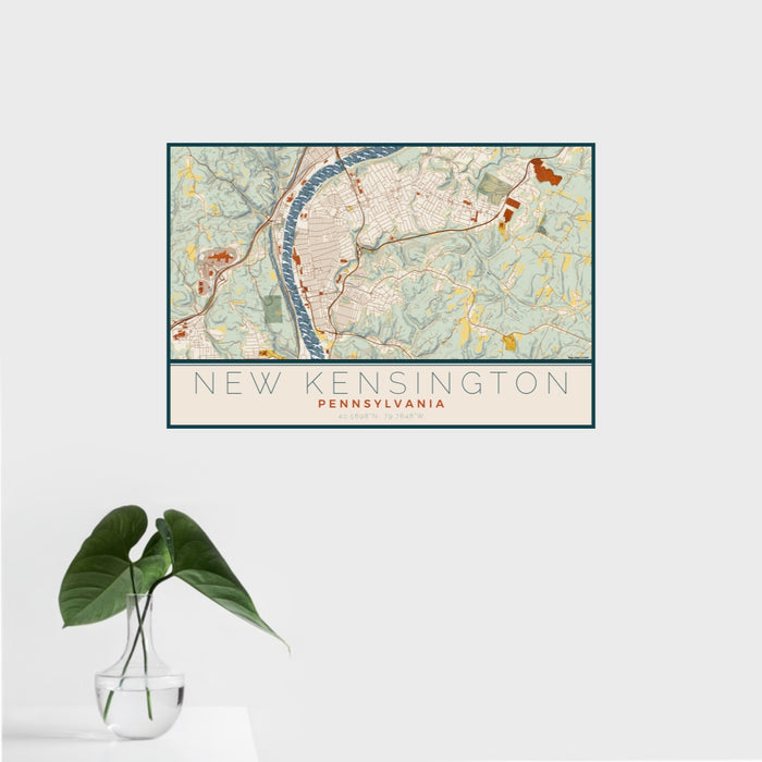 16x24 New Kensington Pennsylvania Map Print Landscape Orientation in Woodblock Style With Tropical Plant Leaves in Water