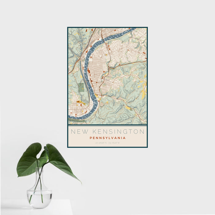 16x24 New Kensington Pennsylvania Map Print Portrait Orientation in Woodblock Style With Tropical Plant Leaves in Water