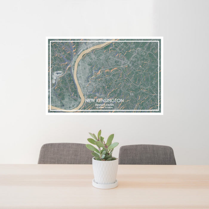 24x36 New Kensington Pennsylvania Map Print Lanscape Orientation in Afternoon Style Behind 2 Chairs Table and Potted Plant
