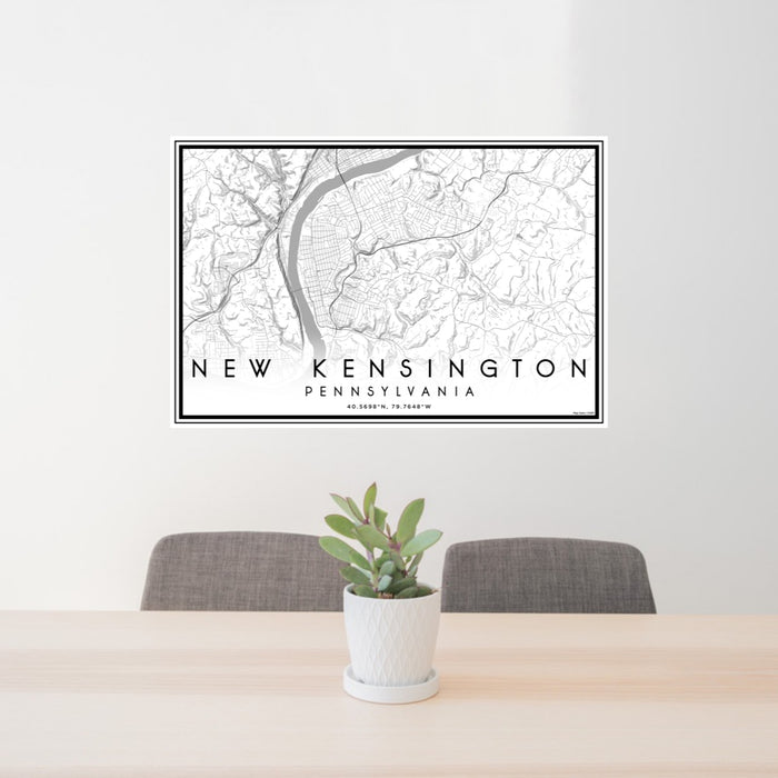 24x36 New Kensington Pennsylvania Map Print Lanscape Orientation in Classic Style Behind 2 Chairs Table and Potted Plant