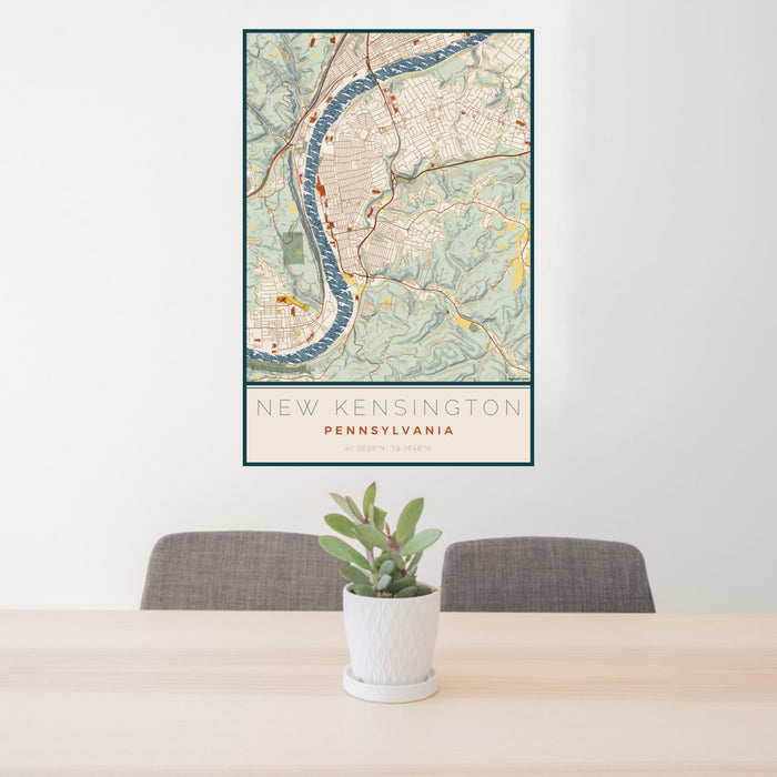 24x36 New Kensington Pennsylvania Map Print Portrait Orientation in Woodblock Style Behind 2 Chairs Table and Potted Plant