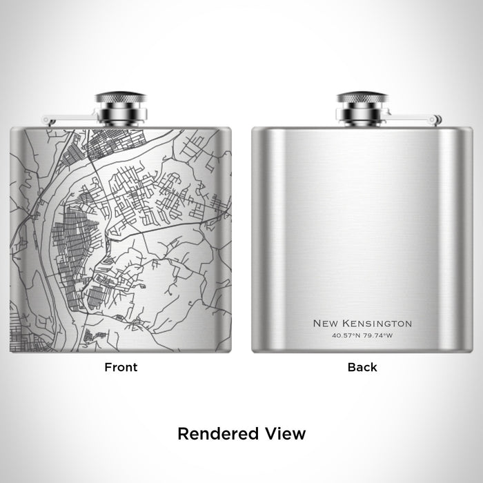 Rendered View of New Kensington Pennsylvania Map Engraving on 6oz Stainless Steel Flask