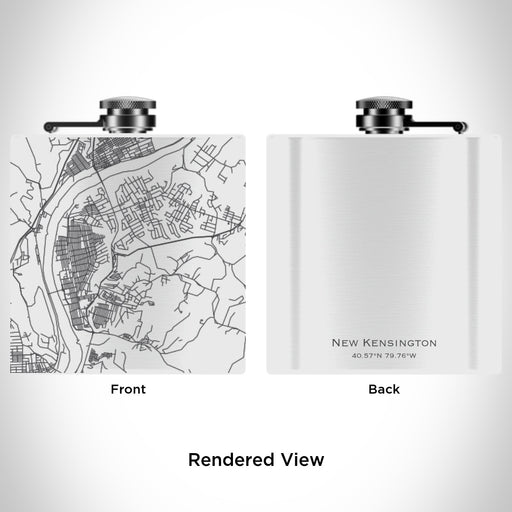 Rendered View of New Kensington Pennsylvania Map Engraving on 6oz Stainless Steel Flask in White