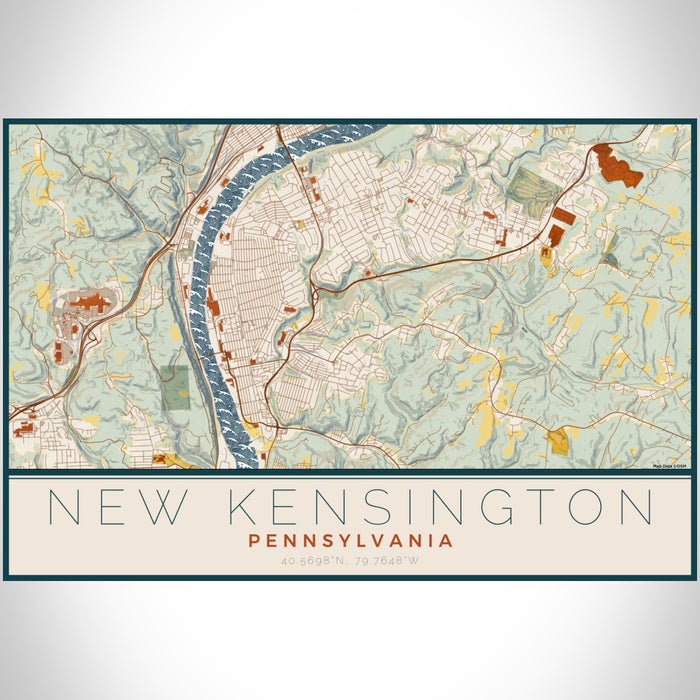 New Kensington Pennsylvania Map Print Landscape Orientation in Woodblock Style With Shaded Background